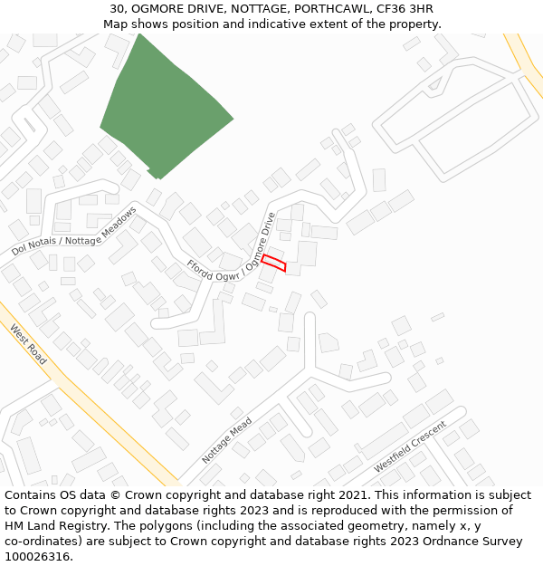 30, OGMORE DRIVE, NOTTAGE, PORTHCAWL, CF36 3HR: Location map and indicative extent of plot