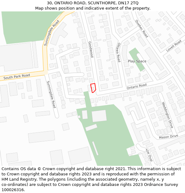 30, ONTARIO ROAD, SCUNTHORPE, DN17 2TQ: Location map and indicative extent of plot