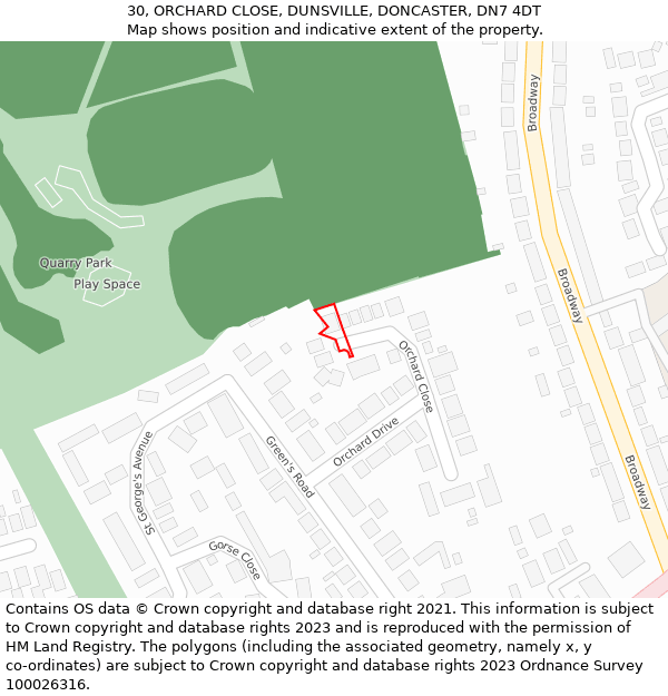 30, ORCHARD CLOSE, DUNSVILLE, DONCASTER, DN7 4DT: Location map and indicative extent of plot