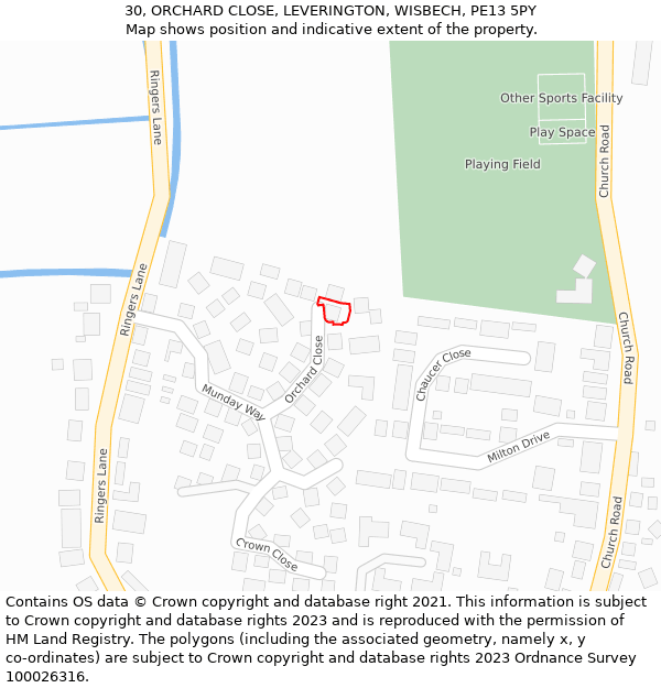 30, ORCHARD CLOSE, LEVERINGTON, WISBECH, PE13 5PY: Location map and indicative extent of plot