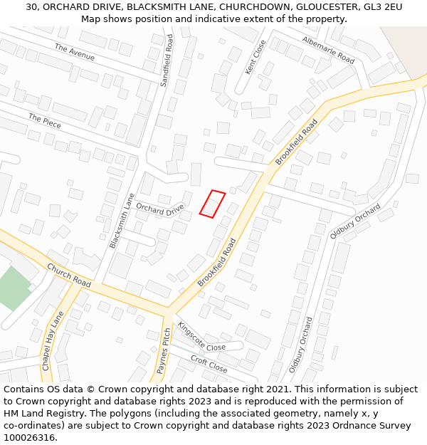 30, ORCHARD DRIVE, BLACKSMITH LANE, CHURCHDOWN, GLOUCESTER, GL3 2EU: Location map and indicative extent of plot