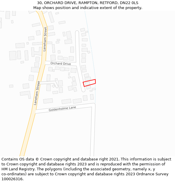 30, ORCHARD DRIVE, RAMPTON, RETFORD, DN22 0LS: Location map and indicative extent of plot