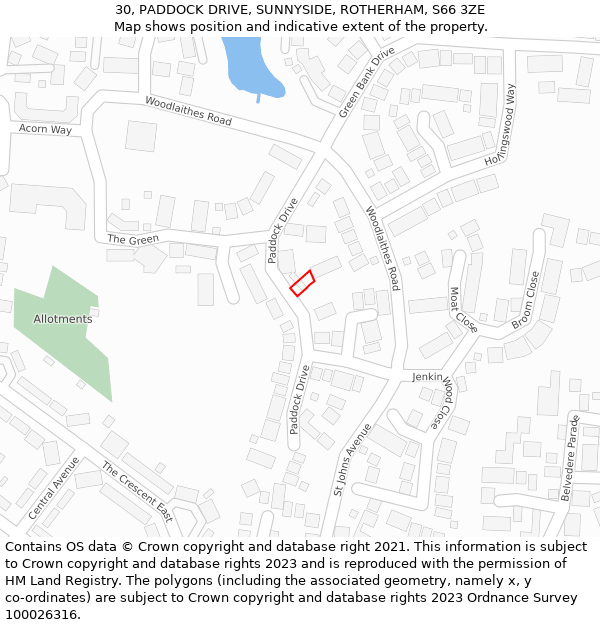 30, PADDOCK DRIVE, SUNNYSIDE, ROTHERHAM, S66 3ZE: Location map and indicative extent of plot