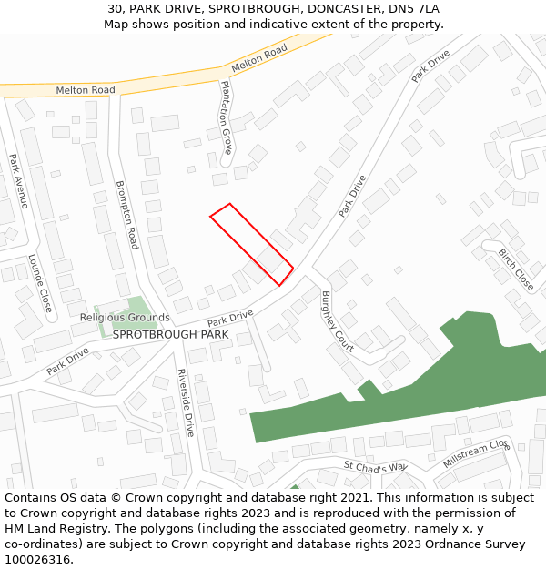 30, PARK DRIVE, SPROTBROUGH, DONCASTER, DN5 7LA: Location map and indicative extent of plot