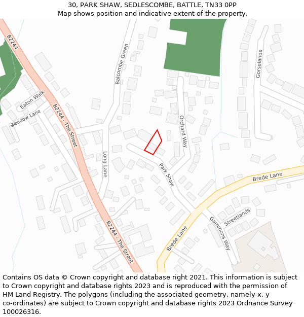 30, PARK SHAW, SEDLESCOMBE, BATTLE, TN33 0PP: Location map and indicative extent of plot