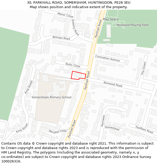 30, PARKHALL ROAD, SOMERSHAM, HUNTINGDON, PE28 3EU: Location map and indicative extent of plot