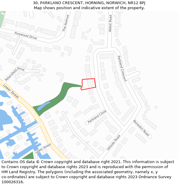 30, PARKLAND CRESCENT, HORNING, NORWICH, NR12 8PJ: Location map and indicative extent of plot