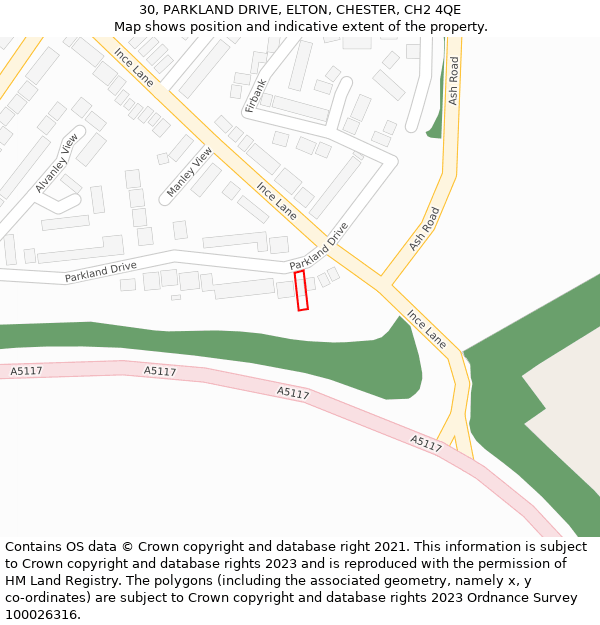 30, PARKLAND DRIVE, ELTON, CHESTER, CH2 4QE: Location map and indicative extent of plot