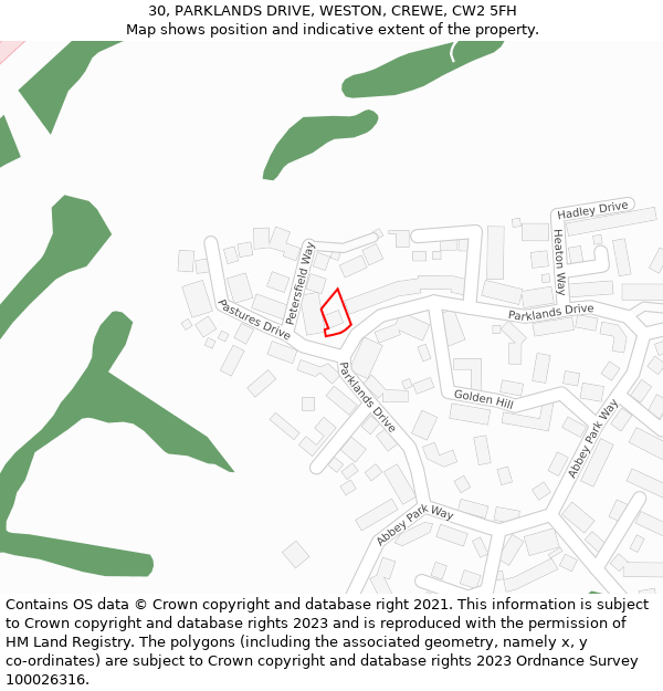 30, PARKLANDS DRIVE, WESTON, CREWE, CW2 5FH: Location map and indicative extent of plot