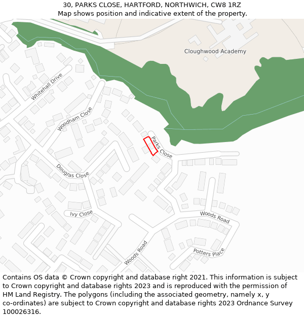 30, PARKS CLOSE, HARTFORD, NORTHWICH, CW8 1RZ: Location map and indicative extent of plot