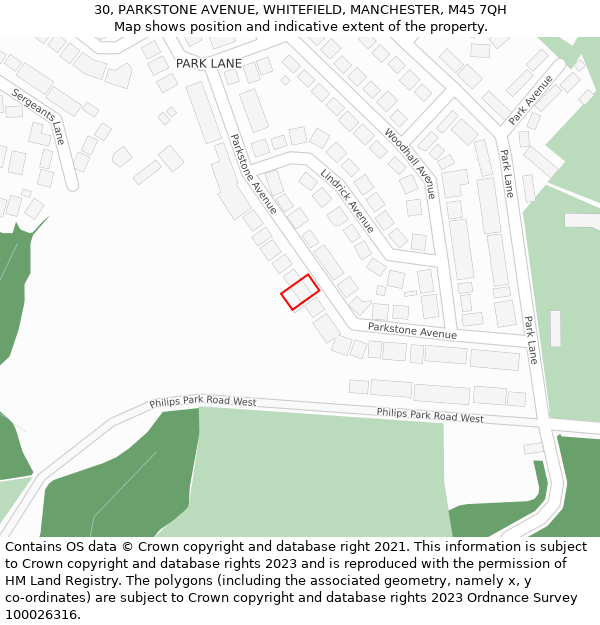 30, PARKSTONE AVENUE, WHITEFIELD, MANCHESTER, M45 7QH: Location map and indicative extent of plot
