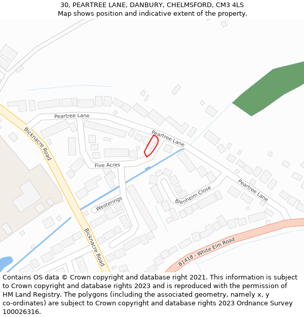 30, PEARTREE LANE, DANBURY, CHELMSFORD, CM3 4LS: Location map and indicative extent of plot