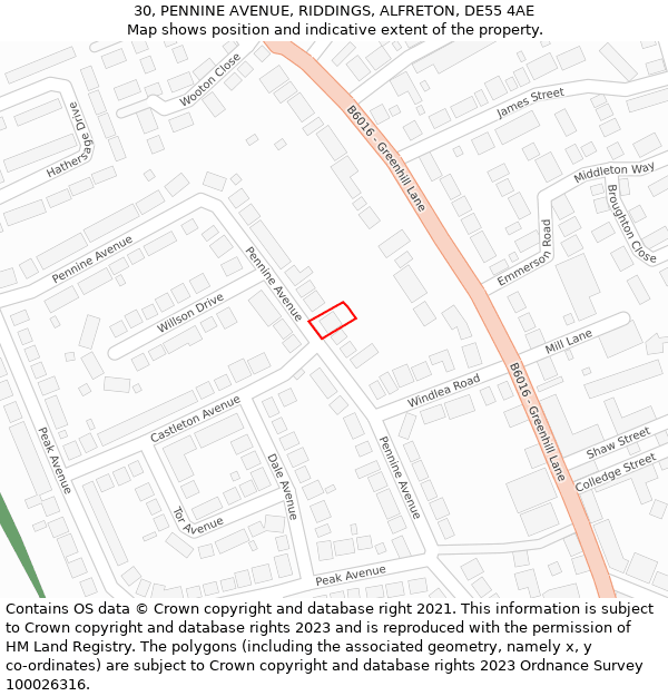 30, PENNINE AVENUE, RIDDINGS, ALFRETON, DE55 4AE: Location map and indicative extent of plot