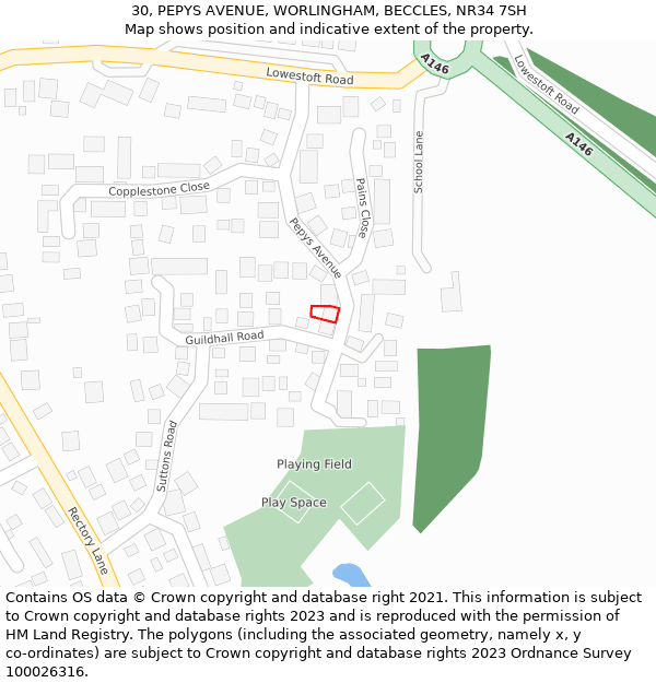 30, PEPYS AVENUE, WORLINGHAM, BECCLES, NR34 7SH: Location map and indicative extent of plot