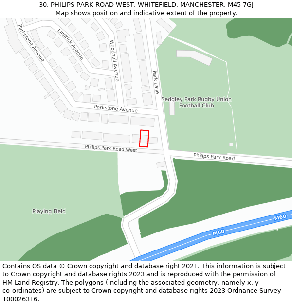 30, PHILIPS PARK ROAD WEST, WHITEFIELD, MANCHESTER, M45 7GJ: Location map and indicative extent of plot