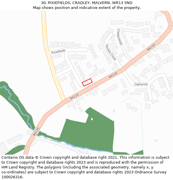 30, PIXIEFIELDS, CRADLEY, MALVERN, WR13 5ND: Location map and indicative extent of plot