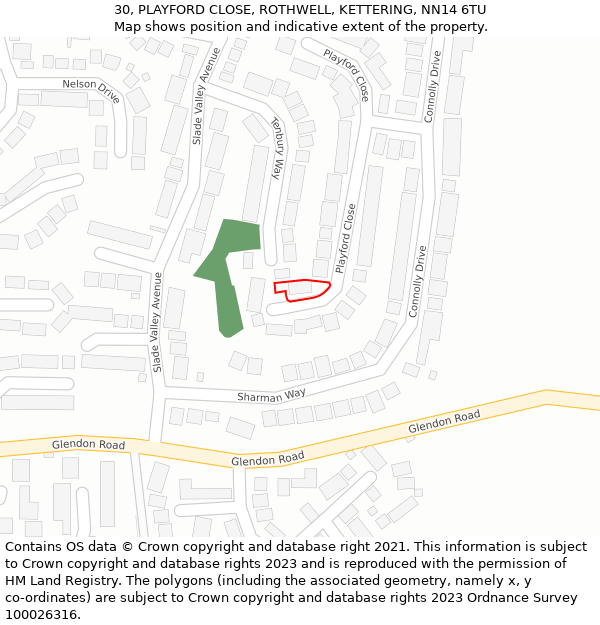 30, PLAYFORD CLOSE, ROTHWELL, KETTERING, NN14 6TU: Location map and indicative extent of plot