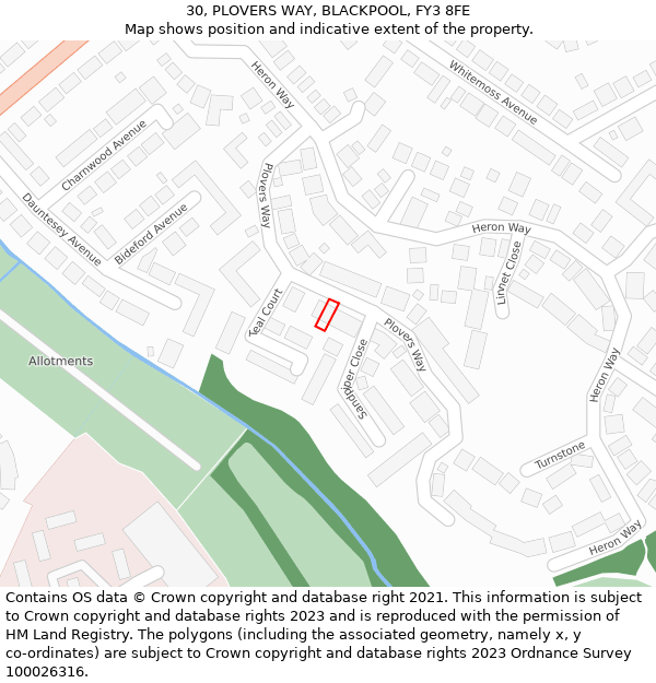 30, PLOVERS WAY, BLACKPOOL, FY3 8FE: Location map and indicative extent of plot