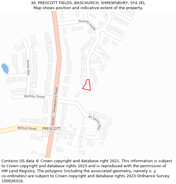 30, PRESCOTT FIELDS, BASCHURCH, SHREWSBURY, SY4 2EL: Location map and indicative extent of plot