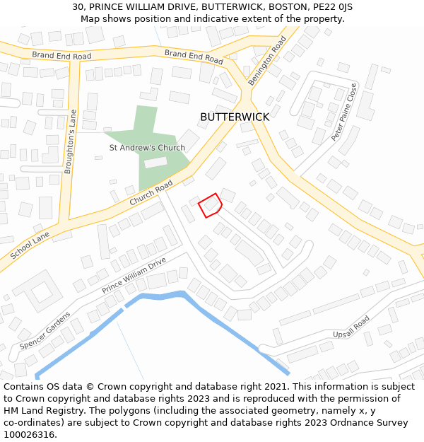 30, PRINCE WILLIAM DRIVE, BUTTERWICK, BOSTON, PE22 0JS: Location map and indicative extent of plot