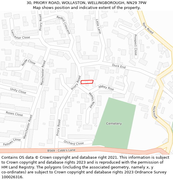 30, PRIORY ROAD, WOLLASTON, WELLINGBOROUGH, NN29 7PW: Location map and indicative extent of plot