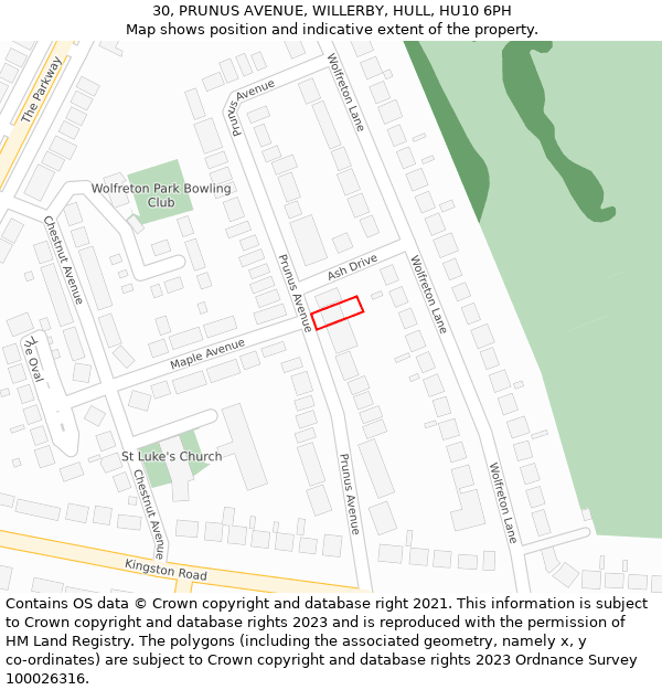 30, PRUNUS AVENUE, WILLERBY, HULL, HU10 6PH: Location map and indicative extent of plot