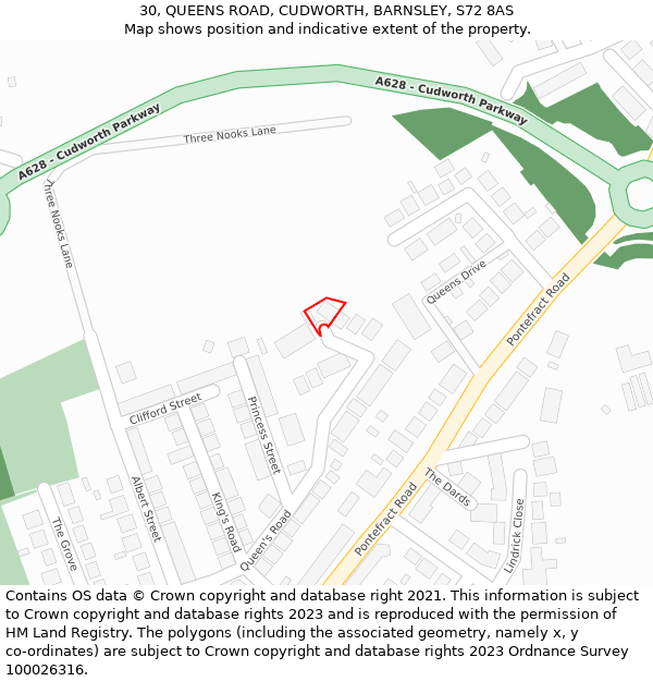 30, QUEENS ROAD, CUDWORTH, BARNSLEY, S72 8AS: Location map and indicative extent of plot