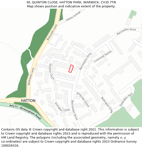 30, QUINTON CLOSE, HATTON PARK, WARWICK, CV35 7TN: Location map and indicative extent of plot