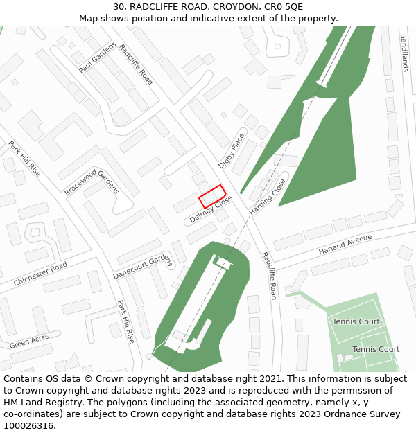 30, RADCLIFFE ROAD, CROYDON, CR0 5QE: Location map and indicative extent of plot