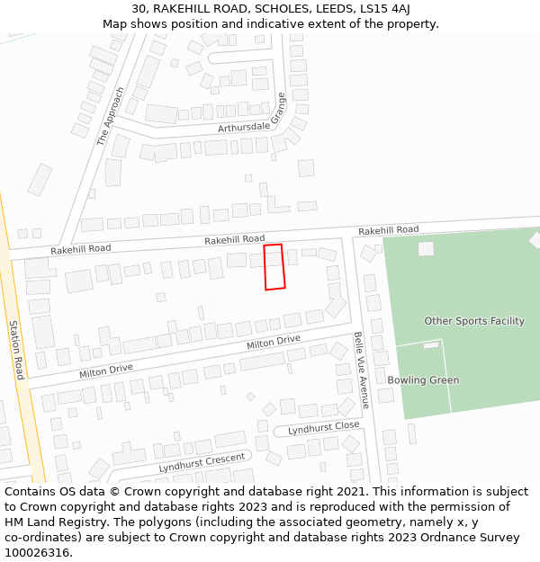 30, RAKEHILL ROAD, SCHOLES, LEEDS, LS15 4AJ: Location map and indicative extent of plot