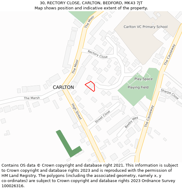 30, RECTORY CLOSE, CARLTON, BEDFORD, MK43 7JT: Location map and indicative extent of plot