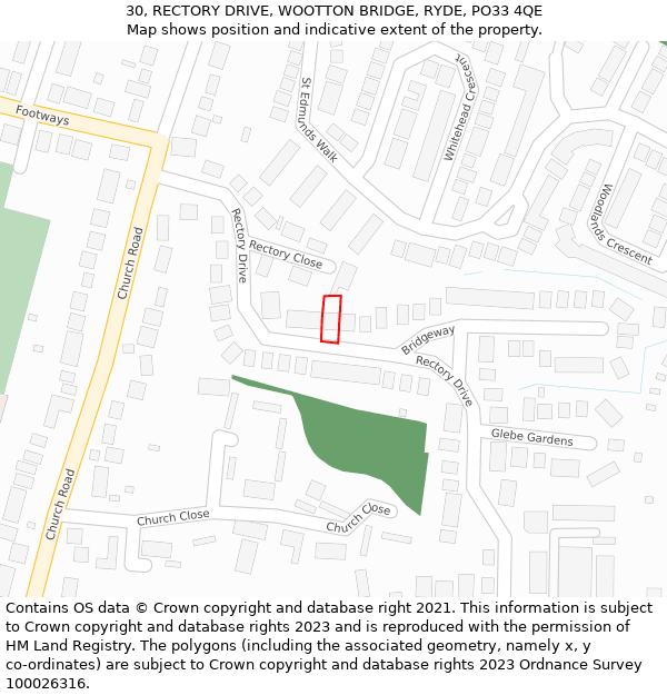 30, RECTORY DRIVE, WOOTTON BRIDGE, RYDE, PO33 4QE: Location map and indicative extent of plot