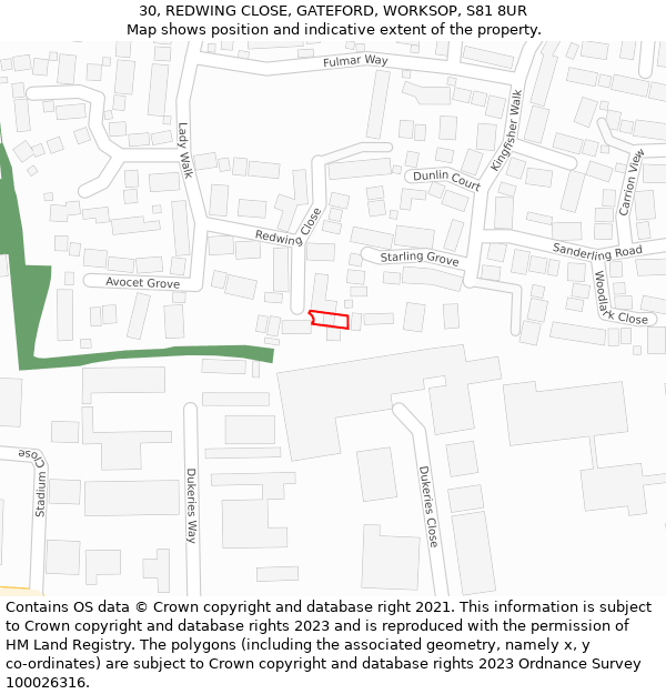 30, REDWING CLOSE, GATEFORD, WORKSOP, S81 8UR: Location map and indicative extent of plot