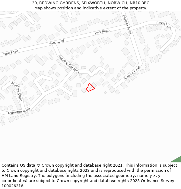 30, REDWING GARDENS, SPIXWORTH, NORWICH, NR10 3RG: Location map and indicative extent of plot