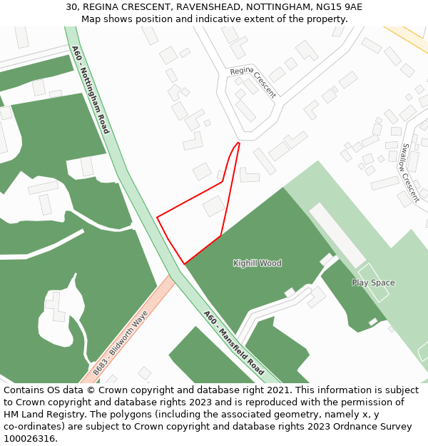 30, REGINA CRESCENT, RAVENSHEAD, NOTTINGHAM, NG15 9AE: Location map and indicative extent of plot