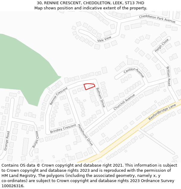 30, RENNIE CRESCENT, CHEDDLETON, LEEK, ST13 7HD: Location map and indicative extent of plot