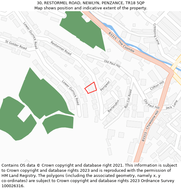 30, RESTORMEL ROAD, NEWLYN, PENZANCE, TR18 5QP: Location map and indicative extent of plot