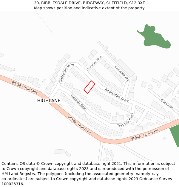 30, RIBBLESDALE DRIVE, RIDGEWAY, SHEFFIELD, S12 3XE: Location map and indicative extent of plot