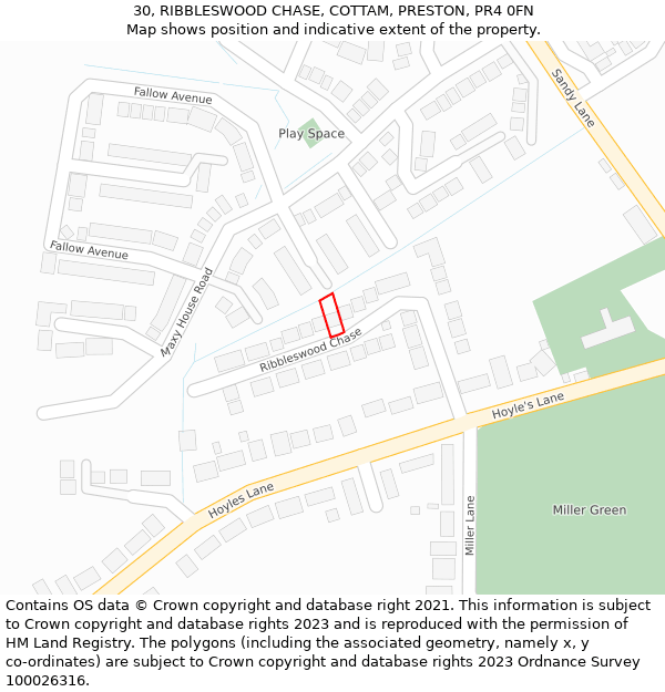 30, RIBBLESWOOD CHASE, COTTAM, PRESTON, PR4 0FN: Location map and indicative extent of plot