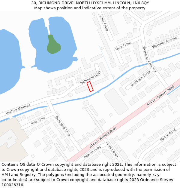 30, RICHMOND DRIVE, NORTH HYKEHAM, LINCOLN, LN6 8QY: Location map and indicative extent of plot