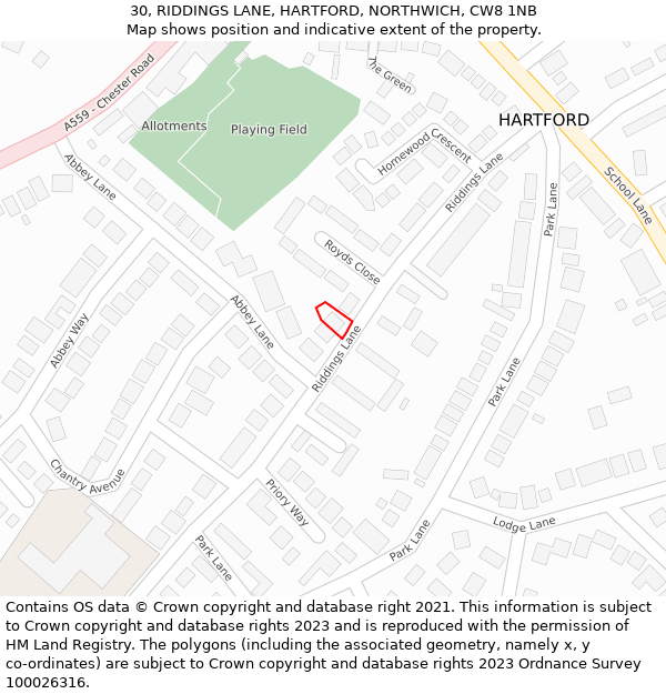 30, RIDDINGS LANE, HARTFORD, NORTHWICH, CW8 1NB: Location map and indicative extent of plot