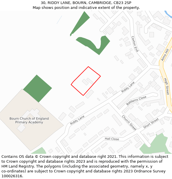 30, RIDDY LANE, BOURN, CAMBRIDGE, CB23 2SP: Location map and indicative extent of plot