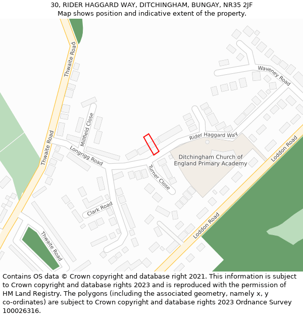 30, RIDER HAGGARD WAY, DITCHINGHAM, BUNGAY, NR35 2JF: Location map and indicative extent of plot