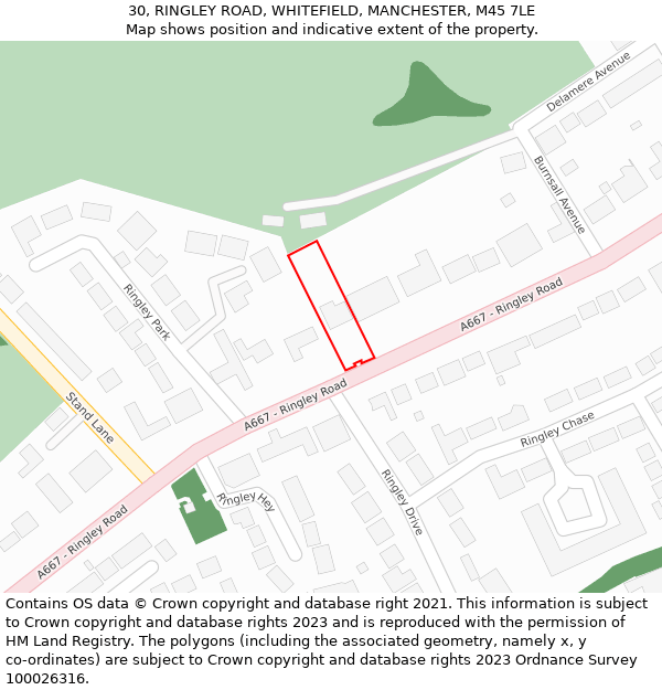 30, RINGLEY ROAD, WHITEFIELD, MANCHESTER, M45 7LE: Location map and indicative extent of plot