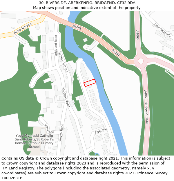 30, RIVERSIDE, ABERKENFIG, BRIDGEND, CF32 9DA: Location map and indicative extent of plot