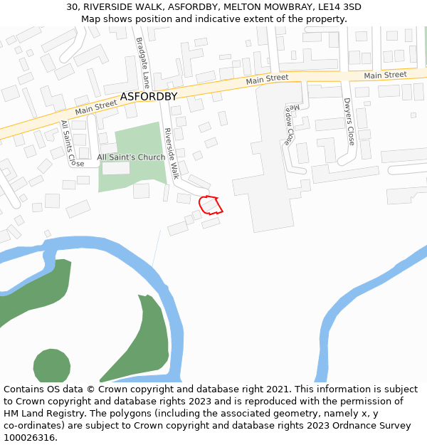 30, RIVERSIDE WALK, ASFORDBY, MELTON MOWBRAY, LE14 3SD: Location map and indicative extent of plot