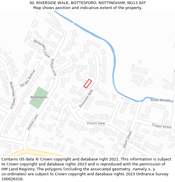30, RIVERSIDE WALK, BOTTESFORD, NOTTINGHAM, NG13 0AT: Location map and indicative extent of plot
