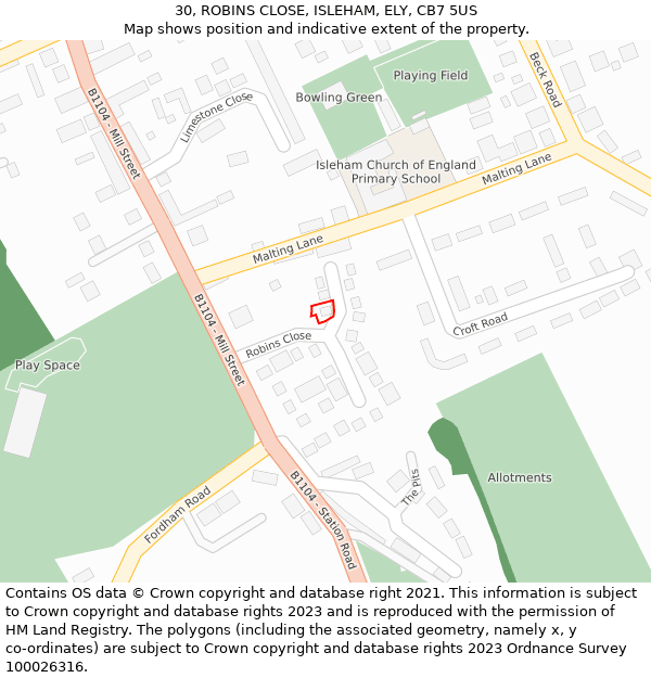 30, ROBINS CLOSE, ISLEHAM, ELY, CB7 5US: Location map and indicative extent of plot