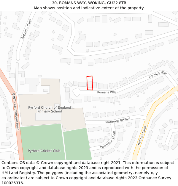 30, ROMANS WAY, WOKING, GU22 8TR: Location map and indicative extent of plot