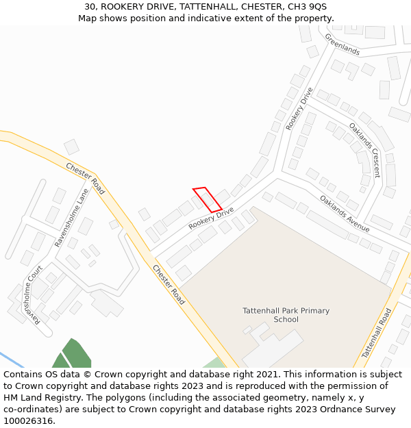 30, ROOKERY DRIVE, TATTENHALL, CHESTER, CH3 9QS: Location map and indicative extent of plot